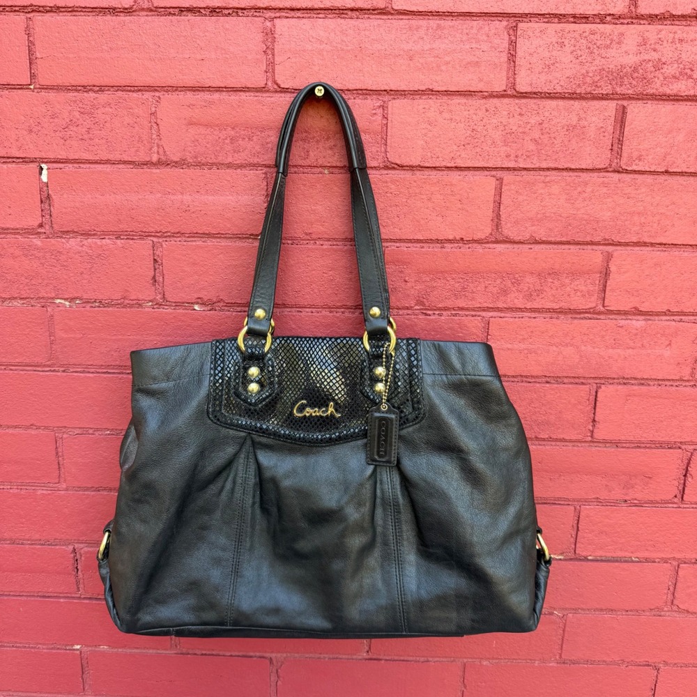 Coach Ashley Carryall Black Pebbled Leather Snakeskin Trim Gold Hardware F19243